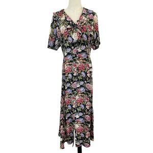 Vintage 1990s Black floral Maxi Dress Ruffle Collar Sz 11/12 Cottagecore Grunge